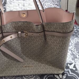 Michael Kors Tan and Pink Signature Tote